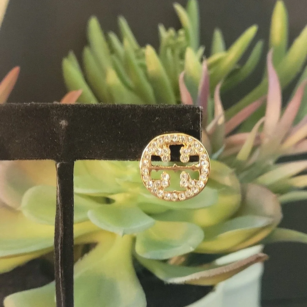 Tory Burch Miller Pave Double T Logo Gold Tone Crystal Stud Earrings